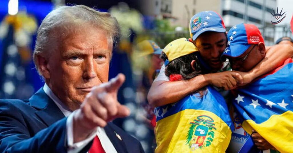 Composición de Donald Trump señalando y venezolanos abrazándose con banderas, representando la política y las preocupaciones de inmigración para la comunidad venezolana.