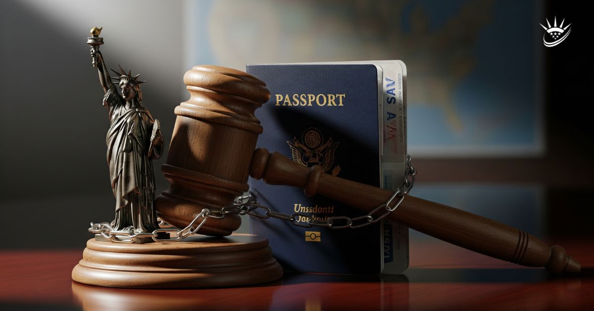 Mazo de juez encadenado a la Estatua de la Libertad y un pasaporte, simbolizando las consecuencias legales y migratorias de cargos criminales en EE. UU.